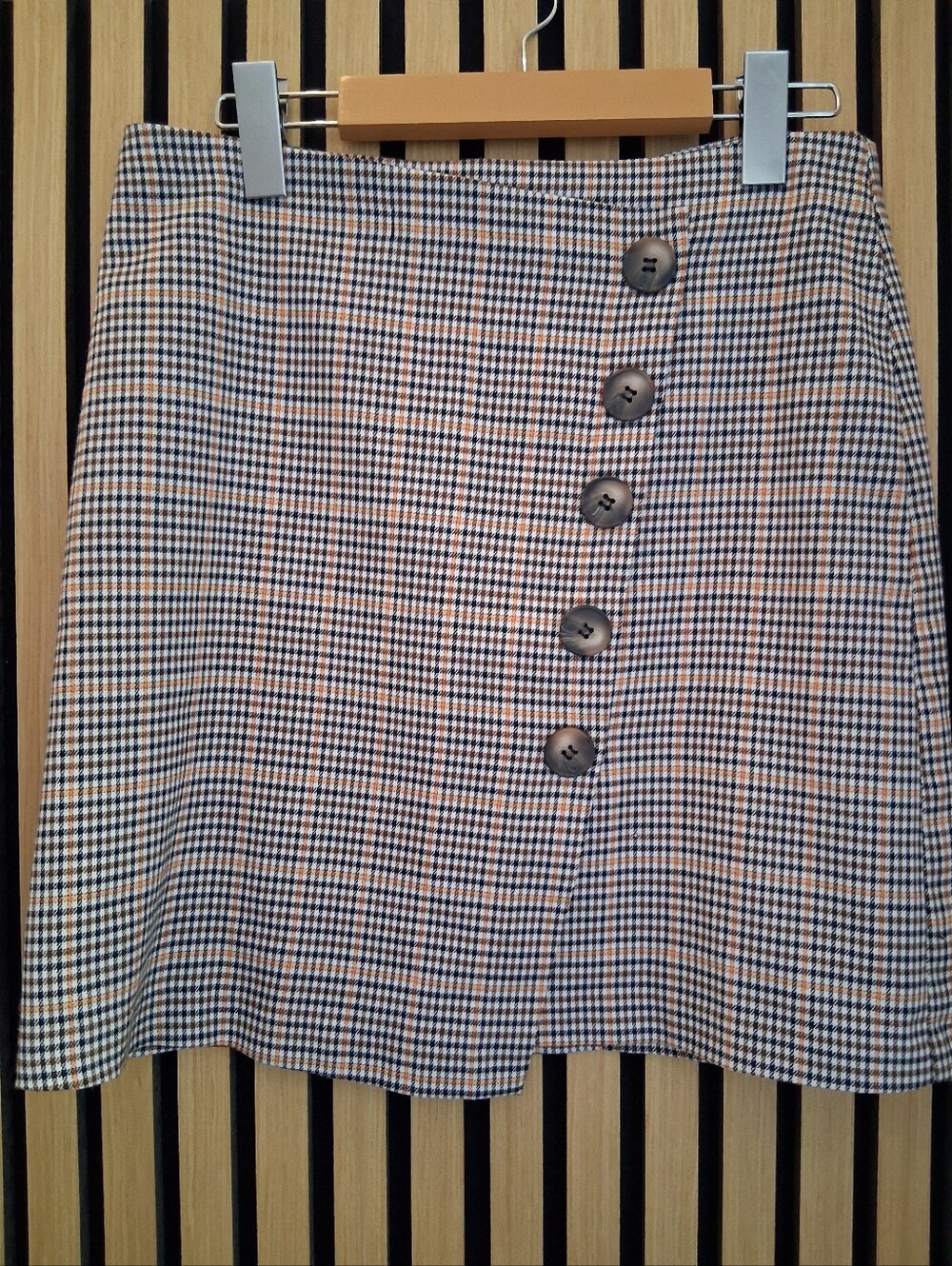 Checked Button-Front A-Line Skirt - Beige/Navy